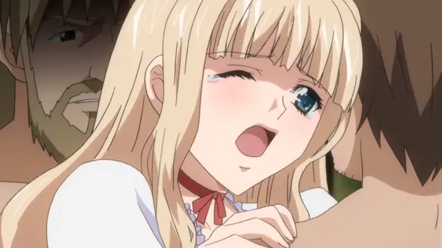 A blushing anime girl with blonde hair and a white dress looks up with wide eyes and an open mouth while being embraced by a man from behind. Screenshot from Maiden Infringement Play - Episode 2