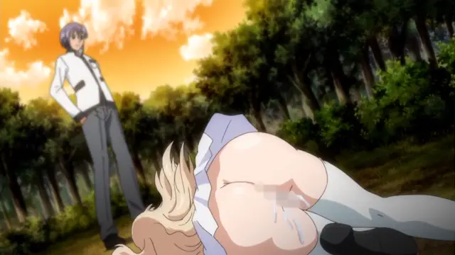 A male anime character stands watching a blonde female character with large breasts who is lying on her stomach on the ground with her dress pulled up. Screenshot from Maiden Infringement Play - Episode 2