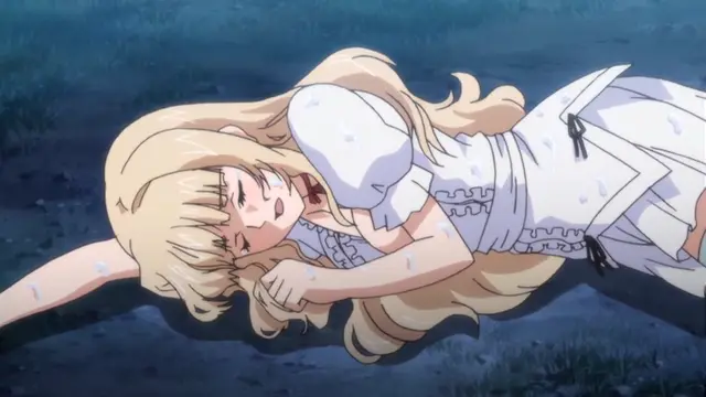 A blonde anime girl in a white dress lies on the ground with an ecstatic expression on her face, looking like she is experiencing a climax. Screenshot from Maiden Infringement Play - Episode 2