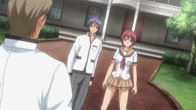 A high school boy with purple hair and a white jacket stands next to a girl with pink hair in a school uniform as they are confronted by another male student from a back perspective. Screenshot from Maiden Infringement Play - Episode 2