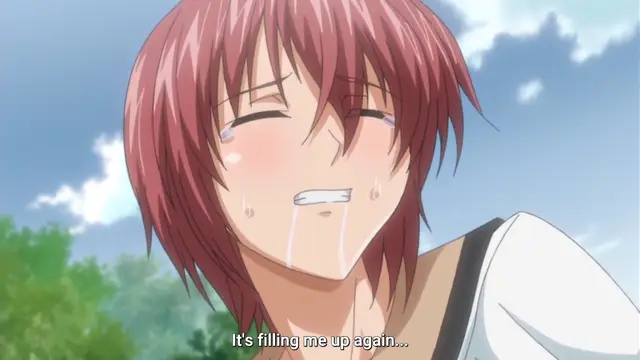 A close-up of a red-haired anime girl with blushing cheeks, closed eyes, and drooling from her mouth looks up with a distressed expression while a subtitle at the bottom reads, "It's filling me up again...". Screenshot from Maiden Infringement Play - Episode 2