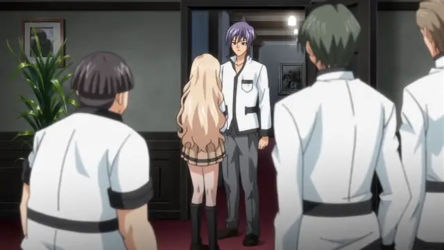 A blonde woman in a short skirt stands facing a tall man with purple hair in a white coat, while several other men in white uniforms watch them from the background in a dimly lit room. Screenshot from Maiden Infringement Play - Episode 2