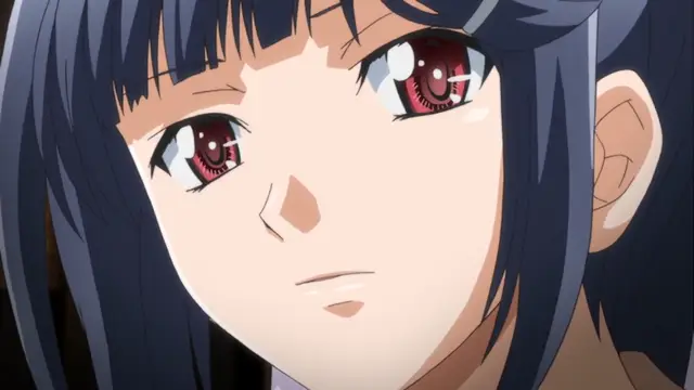 A close-up shot of a blue-haired anime girl with wide red eyes and a surprised expression looking directly at the viewer. Screenshot from Maiden Infringement Play - Episode 2