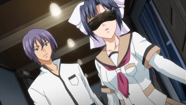 A purple-haired anime man in a white tracksuit stands next to a blindfolded anime girl in a white and gold uniform. Screenshot from Maiden Infringement Play - Episode 2