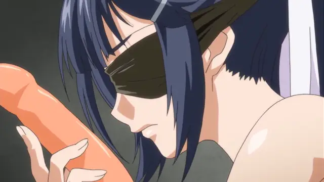 A girl with dark blue hair and a black blindfold holds a large penis in front of her face. Screenshot from Maiden Infringement Play - Episode 2