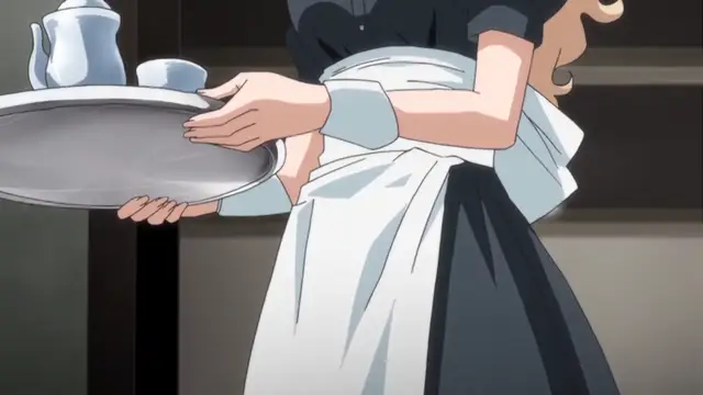 A maid with an apron and white cuffs holds a silver tray with a teapot and a cup while someone is behind her, grabbing her waist. Screenshot from Maiden Infringement Play - Episode 2