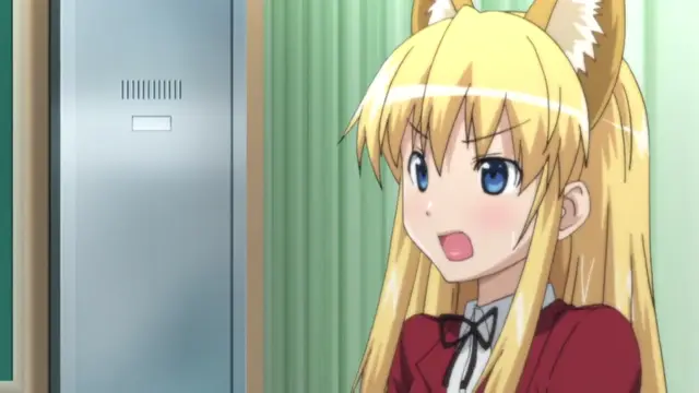 A blonde anime girl with cat ears and a blushing face looks surprised while standing in front of a refrigerator. Screenshot from Koiito Kinenbi - Episode 1