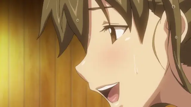 A close-up shot of a blushing, sweating anime girl with brown hair and a wide-eyed expression as she looks to the side with her mouth open. Screenshot from Koiito Kinenbi - Episode 1
