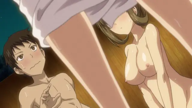 A scantily clad girl with large breasts leans over a shirtless, blushing boy while a pair of thick legs belonging to another woman loom over them in the foreground. Screenshot from Koiito Kinenbi - Episode 1