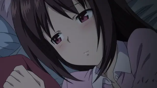 An anime girl with long dark hair and blushing cheeks lies on a pillow, looking toward the viewer with a dazed expression while wearing a purple shirt and a school uniform. Screenshot from Koiito Kinenbi - Episode 2