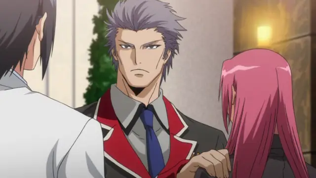 A tall, stern man with grey hair and a red-collared uniform stands between a black-haired man and a pink-haired woman in a school hallway. Screenshot from Makai Kishi Ingrid - Episode 1