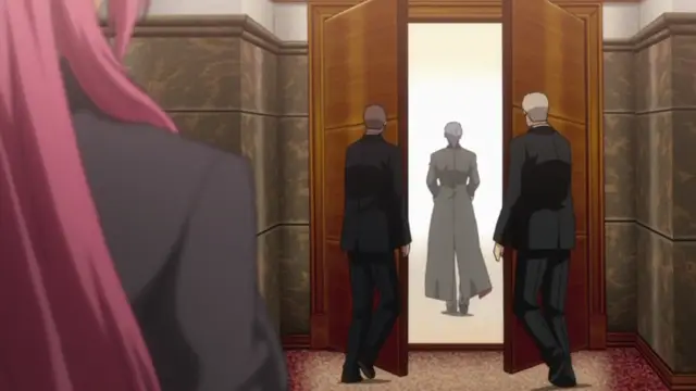 A girl with long pink hair stands in the foreground looking towards a doorway where two men in black suits stand flanking an individual in a long grey coat who is walking towards them. Screenshot from Makai Kishi Ingrid - Episode 1