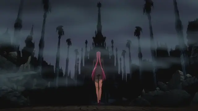 A wide shot shows a woman in a bikini from behind, standing alone and facing toward a dark, foggy city skyline filled with tall spires and silhouettes of palm trees. Screenshot from Makai Kishi Ingrid - Episode 1