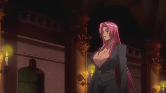 A long-haired woman in a business suit stands in a dimly lit, ornate hallway with a serious expression. Screenshot from Makai Kishi Ingrid - Episode 1