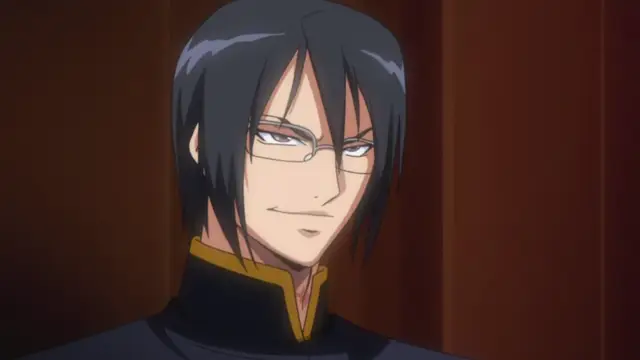 A man with black hair and glasses smirks while wearing a black and yellow high-collared uniform. Screenshot from Makai Kishi Ingrid - Episode 1