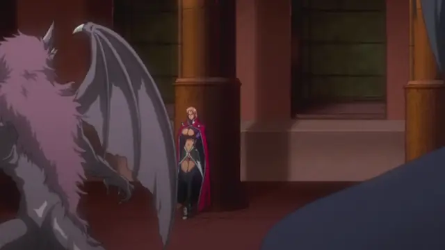 A winged, fur-covered monster stands in a large, dimly lit hall before a woman in a revealing black outfit and a long red cape. Screenshot from Makai Kishi Ingrid - Episode 1