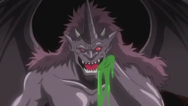 A muscular, grey-skinned demon with horns, glowing red eyes, and a fur collar drools vibrant green slime from its mouth while sitting in front of a large circular structure. Screenshot from Makai Kishi Ingrid - Episode 1