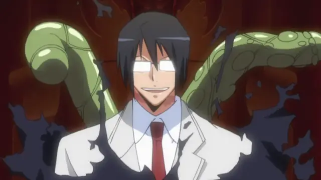 A smiling man with black hair and white eyes, wearing a white lab coat and red tie, stands before a large throne with green serpent-like arms. Screenshot from Makai Kishi Ingrid - Episode 1