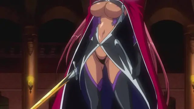 A female character with long pink hair wears a revealing black and purple outfit that exposes her large breasts and crotch as she holds a golden sword in a palace-like setting. Screenshot from Makai Kishi Ingrid - Episode 1