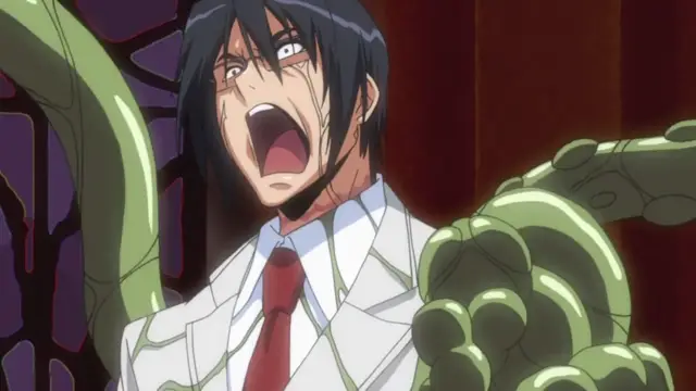 A shocked man with black hair and a white suit screams as a large, green, tentacle-like monster with segmented limbs grabs him from the sides. Screenshot from Makai Kishi Ingrid - Episode 1