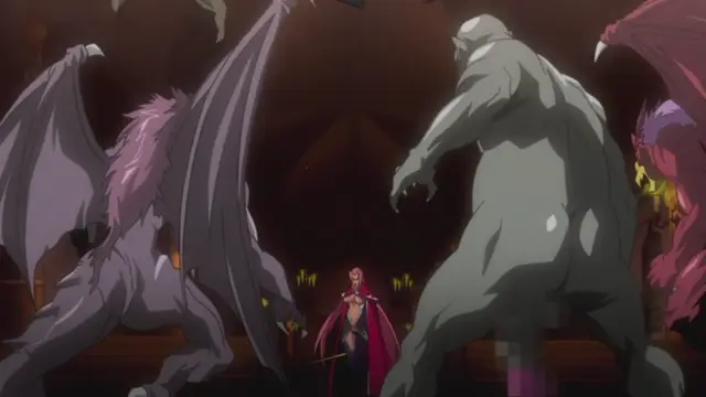A muscular, gray-skinned demon with large wings and horns stands on the left, facing a tall, muscular ogre-like creature on the right, while a small man in a red cape stands between them in a large stone hall. Screenshot from Makai Kishi Ingrid - Episode 1