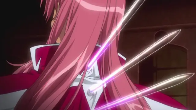 A pink-haired woman in a red and white outfit is pierced through her chest by three glowing blades. Screenshot from Makai Kishi Ingrid - Episode 1