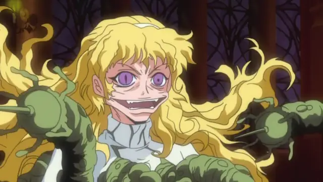 A blonde-haired anime woman with glowing purple eyes and a wide, unsettling grin is surrounded by green, multi-limbed monster appendages. Screenshot from Makai Kishi Ingrid - Episode 1