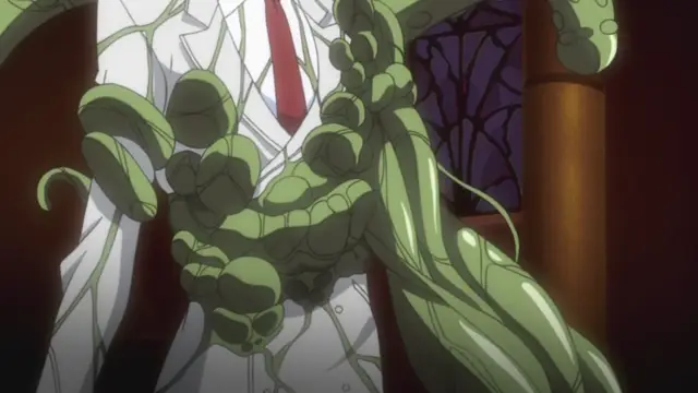 A muscular, green-skinned humanoid creature with vine-like muscles and a glowing green hue stands in front of a man in a white suit and red tie, looming over him in a dark room. Screenshot from Makai Kishi Ingrid - Episode 1