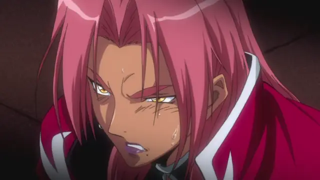 An anime-style woman with long pink hair and yellow eyes looks down with a sweating, heavy-breathing expression while wearing a red and white outfit. Screenshot from Makai Kishi Ingrid - Episode 1