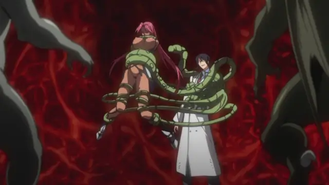 A girl with long pink hair is suspended in the air and bound by a large green snake while a male character stands next to her, both enveloped by more of the serpent's coils in a dark, red cavernous environment. Screenshot from Makai Kishi Ingrid - Episode 1