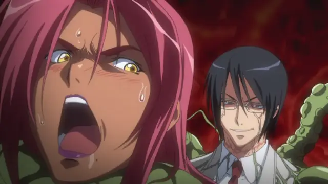A tanned anime woman with pink hair and a shocked expression screams with her mouth wide open while a black-haired man with glasses and a smirk watches from behind her. Screenshot from Makai Kishi Ingrid - Episode 1