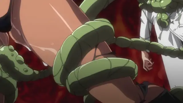 A girl's naked thighs and butt are being constricted and pulled by several green tentacles from a monster in a dark room. Screenshot from Makai Kishi Ingrid - Episode 1
