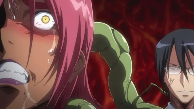 A blushing and sweating pink-haired girl with wide eyes is being grabbed from behind by a large green monster hand while a man with glasses watches with a smirk. Screenshot from Makai Kishi Ingrid - Episode 1
