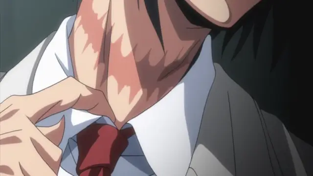 A close-up shot of a man in a business suit and red tie, with a heavily aroused, veiny face and an erect bulge visible through his trousers as he rests his chin on his hand. Screenshot from Makai Kishi Ingrid - Episode 2