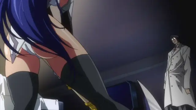 A woman with long blue hair and a revealing outfit is bent over a table in the foreground while a man in a white coat stands in the background watching her. Screenshot from Makai Kishi Ingrid - Episode 2