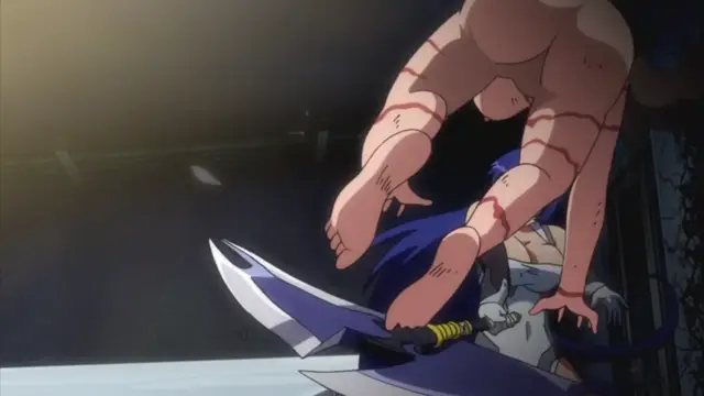 A muscular, naked man with scars across his body is pinning down a woman with long blue hair and a sword in a dark room. Screenshot from Makai Kishi Ingrid - Episode 2
