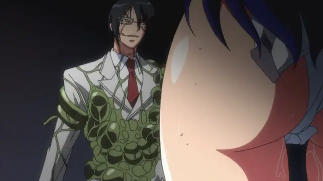 A male character with glasses and a white suit adorned with green organic growths stands behind a close-up of a female character's blushing, sweaty face. Screenshot from Makai Kishi Ingrid - Episode 2