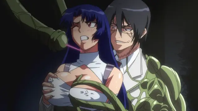 A dark-haired woman with an expression of distress is bound with glowing green vines while a tall, muscular man with a sinister smirk stands behind her, placing his hands on her shoulders. Screenshot from Makai Kishi Ingrid - Episode 2