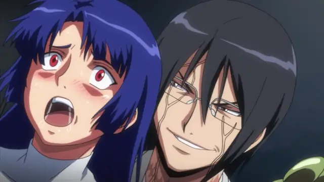 A wide-eyed, blushing blue-haired girl with an open mouth looks shocked as a bespectacled man with a smirk and drooping eyes looms closely behind her. Screenshot from Makai Kishi Ingrid - Episode 2