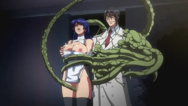 A woman in a white mini-dress with her breasts exposed is being restrained by green tentacles from a man in a lab coat standing behind her. Screenshot from Makai Kishi Ingrid - Episode 2