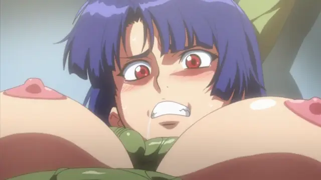 An anime girl with blue hair, blushing deeply and sweating with wide, red eyes, has her large breasts pressed together in a close-up shot. Screenshot from Makai Kishi Ingrid - Episode 2