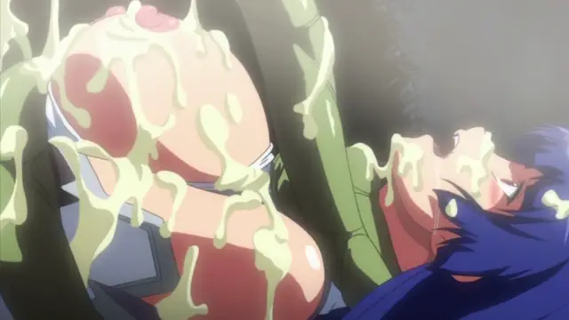 A woman with large breasts and a man with blue hair are shown covered in a thick, yellow fluid, with the woman's chest being heavily coated while the man rests his face nearby. Screenshot from Makai Kishi Ingrid - Episode 2