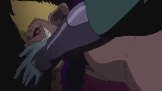 A close-up, horizontal frame from an anime shows Katsuki Bakugo with a distressed expression, tears in his eyes, and sweat on his face as a figure with a dark cape and metal gauntlets covers his mouth with a large, blue-gloved hand. Screenshot from Makai Kishi Ingrid - Episode 3