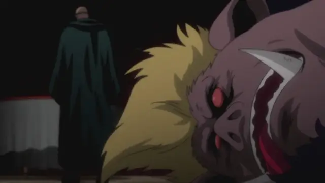 A character in a green cloak stands in the background watching as a large, monstrous creature with sharp teeth and glowing red eyes looms in the foreground. Screenshot from Makai Kishi Ingrid - Episode 3