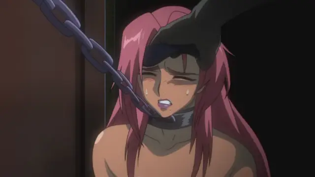 A pink-haired girl wearing a black collar and a blindfold is held by a hand from above while a heavy chain is pulled against her neck, causing her to tear up with a distressed expression. Screenshot from Makai Kishi Ingrid - Episode 3