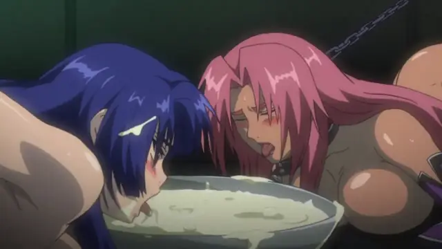 Two anime girls with blue and pink hair are seen in a dark room, leaning forward with dazed expressions to lick a large bowl of white liquid from a table. Screenshot from Makai Kishi Ingrid - Episode 3