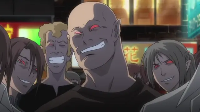 A group of muscular, grinning men with glowing red eyes stand together in a city street at night, with one large bald man in the foreground smiling broadly. Screenshot from Makai Kishi Ingrid - Episode 3