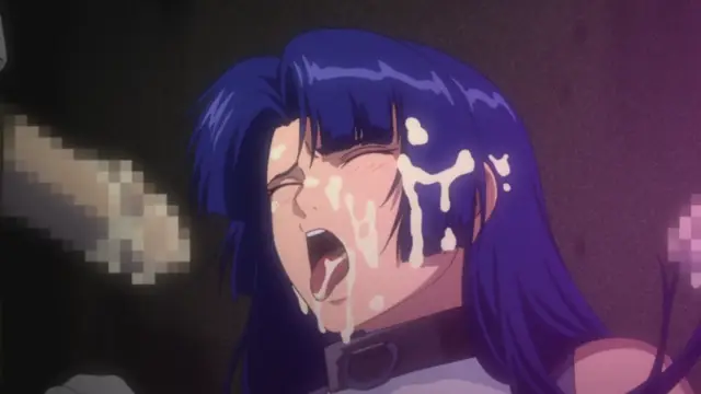A close-up shot of an anime girl with blue hair, her face contorted in an expression of ecstasy or distress with white fluid dripping down from her mouth and face as she gasps. Screenshot from Makai Kishi Ingrid - Episode 3