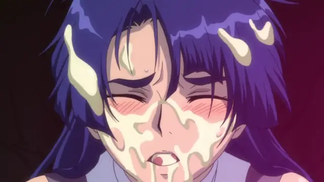 A close-up shot of an anime girl with purple hair and a blushing face covered in thick white semen. Screenshot from Makai Kishi Ingrid - Episode 4