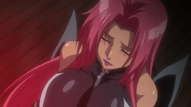 A dark-haired woman with long pink hair and a black outfit leans her head back with a blissful expression while closed eyes. Screenshot from Makai Kishi Ingrid - Episode 4